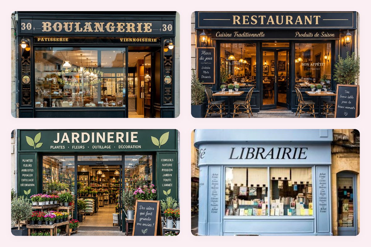 Quatre devantures du loto : boulangerie, restaurant, jardinerie et librairie